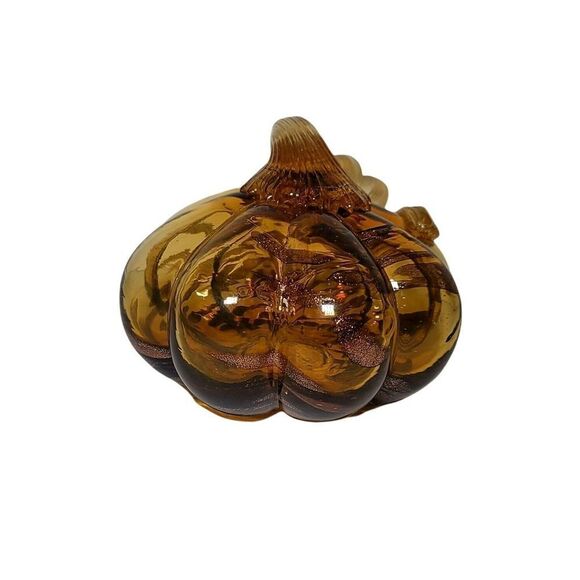 Hand Blown Art Glass Gourd Pumpkin Amber Curly Stem Gold Streaks Halloween Fall - Picture 2 of 7